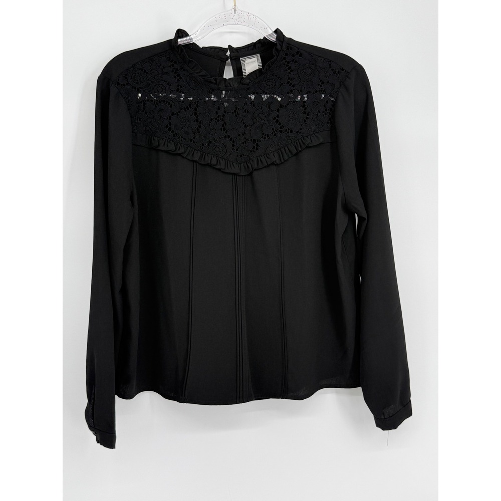 Guest Editor Anthropology Womens Black Lace Yoke Pintuck Ruffle Blouse Sz M